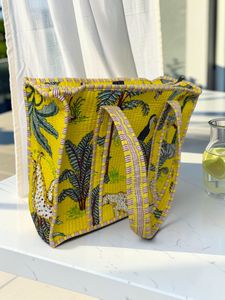 Yellow Hand Block Printed Tropical Print Quilted <b>Canvas</b> Tote Bag Zipper Closure Bohemian Style for Women Shopping <b>Beach</b> Use All - Product Image 3