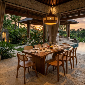 Elegant Suar <b>Wood</b> Minimalist Export Elysian Live Edge <b>Dining</b> Set Collection with Teak Rattan Chairs for Hospitality Use - Product Image 3
