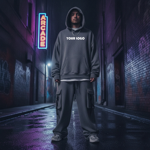 Survêtement streetwear personnalisé pour homme, à capuche, couleur unie, coupe ample, manches longues, avec poches latérales et cordon de serrage, pour l'automne - Product Image 4