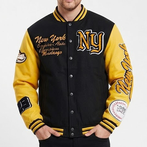 Neuheiten Maßgefertigte Herren Schwarz-Gelbe Colorblock Varsity-Jacke mit Gesticktem NY-Schriftzug Knopfleiste Vorne Vintage Baseball-Jacke - Product Image 1