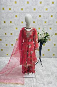 Designer Red Floral Anarkali Suit Set with Dupatta Girls Children Ethnic <b>Wedding</b> Party Wear Dress for Winter Summer - Product Image 6