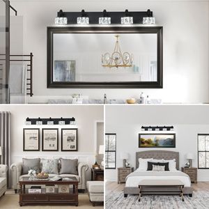 Moderna Lampada da Parete a 5 Luci LED Nera Opaca con Eleganti Paralumi in Cristallo per Bagno - Product Image 4