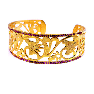 Luxury 24K Solid Gold <b>Cuff</b> <b>Bracelet</b> With Ruby Channel Setting Plant Pattern Women's Party Jewelry - Product Image 4