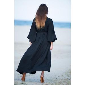 ชุดเดรสยาวสีดำแบบพันรอบตัวสำหรับผู้หญิง ดีไซน์หรูหรา เป็นมิตรกับสิ่งแวดล้อม ทรงเข้ารูปช่วงเอว แขนยาว สไตล์คาฟตัน เรียบง่าย เหมาะสำหรับงานกลางคืน - Product Image 4
