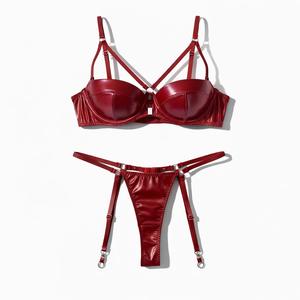 Conjunto de sujetador con aros y tanga de piel sintética naranja para mujer, con tirantes convertibles, copa completa, lencería push-up de dos piezas - Product Image 5