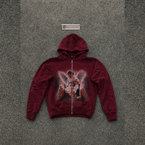 Sweat à capuche zippé moderne avec motif ange bordeaux, en polaire confortable de couleur bordeaux, de qualité supérieure, style urbain unique, design artistique saisissant - Product Image 5