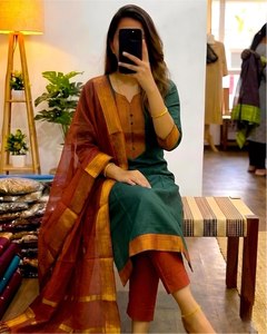 Slub Cotton Indian Pakistani Set <b>Kurta</b> Pant Dupatta Quick Dry <b>Women</b> Ethnic Loose Fit Casual Festive Outfit In-Stock - Product Image 4