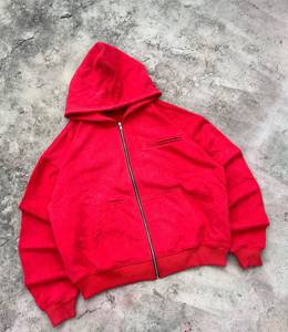 Sweat-shirt à capuche zippé oversize en molleton rouge pour femme, 480 GSM, délavé à l'acide, coupe décontractée, couleur unie, 100 % coton, idéal pour l'hiver - Product Image 3