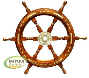समुद्री प्राचीन लकड़ी डिजाइनर जहाज स्टीयरिंग व्हील के साथ सजाया पीतल जड़ना काम