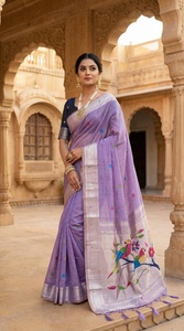 Sari de algodón morado con diseño de pájaros y flores, tradicional para mujer, estilo indio, largo hasta el suelo, sin arrugas - Product Image 3