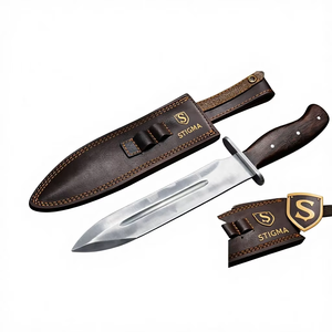 Couteau de chasse Bowie de haute qualité en acier inoxydable Stigma, manche en bois, étui en cuir, lame à pointe fixe, couteau d'extérieur - Product Image 1