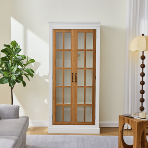71.2 Meuble de rangement autoportant de style farmhouse avec porte vitrée, étagères réglables, vitrine fonctionnelle à treillis pour vaisselle - Product Image 3