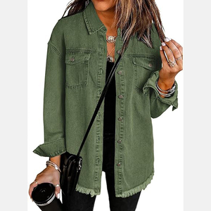 Women's Olive Green Genuine <b>Leather</b> Denim Shirt <b>Jacket</b> <b>Long</b> Loose Fit Turn-down Collar Button Front Frayed Hem Casual Spring - Product Image 1