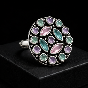 Bague en argent vieilli plaqué, style Bohème, avec pierres précieuses naturelles florales roses et bleues, pour femme, mariage et fiançailles, commande en gros, fournisseur en gros - Product Image 1