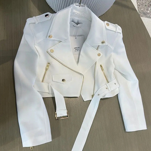 White Genuine Leather Moto Jacket Women Short Sleeve <b>Zipper</b> Front Turn-down Collar Solid Color Autumn Fashion Biker <b>Coat</b> - Product Image 6