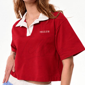 Women Crop <b>Top</b> Striped Color Crop Polo Shirt Short Sleeve Knitted <b>Preppy</b> Style Women's Polo Shirt - Product Image 1