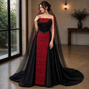Vestido de Noche Negro y Rojo Bordado, Diseño de Diseñador, Sin Tirantes, Maxi Vestido con Sobre Falda Desmontable de Satén y Velo Largo de Tul, Formal - Product Image 4