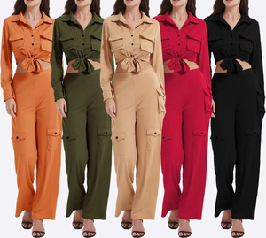 Ensemble pantalon cargo à manches longues pour femmes, couleur unie, avec détail de nœud, col boutonné, survêtement décontracté pleine longueur - Product Image 1