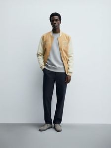 <b>Men's</b> Varsity <b>Jacket</b>, <b>Letter</b> Embroidery, PU Leather Sleeves, Quilted Lining, Striped Trim - Product Image 2