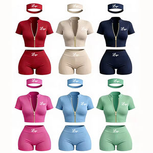 Conjunto de 3 Piezas para Mujer, Ropa de Verano, Chaqueta de Manga Corta con Cierre, Pantalones Cortos y Diadema, Conjuntos Deportivos Personalizados para Mujer - Product Image 1