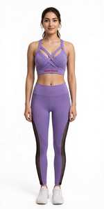 Ensemble soutien-gorge et leggings dos nageur taille haute côtelé maille unie 2 pièces Activewear séchage rapide logo avant - Product Image 6