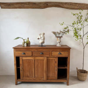 Buffet en bois massif rustique avec 3 tiroirs et portes coulissantes, meuble de rangement moderne pour salon et chambre, fait main, respectueux de l'environnement - Product Image 3