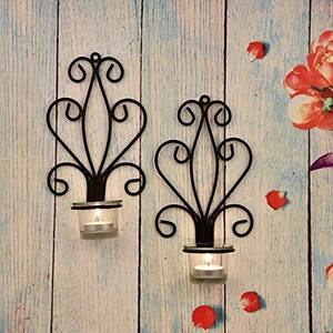 ชุดเชิงเทียนติดผนังโลหะสีดำสไตล์วินเทจ ดีไซน์ลายเส้นหรูหรา พร้อมที่ใส่เทียนแก้ว ให้บรรยากาศอบอุ่น ตกแต่งบ้านอย่างมีสไตล์ - Product Image 1