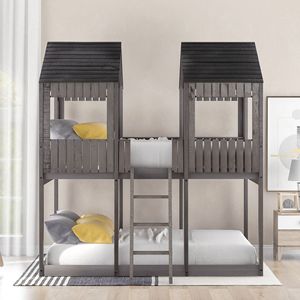 Letto a Castello in Legno Grigio Anticato per Bambini, Misura Full Over Full con Finestra sul Tetto, Ringhiera e Scala (LT000031AAE) - Product Image 4