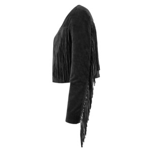 Premium Black Women Fringe <b>Suede</b> <b>Leather</b> <b>Jacket</b> Collarless Open Front Crop Length <b>Jacket</b> Sample And Customization Available - Product Image 4