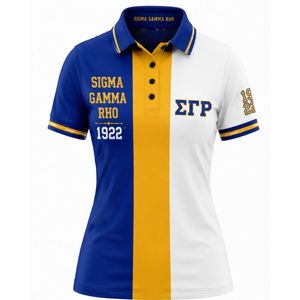 Camiseta Polo Griega Personalizada para Mujer, Sigma Gamma Rho, Tres Paneles, Azul Rey y Amarillo, Bloques de Color, Manga Corta, Ropa de Sororidad - Product Image 1