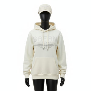 Sudadera con capucha de lana Premium para mujer 350 GSM Mezcla de algodón suave Jersey beige cálido Diseño de logotipo de diamantes de imitación personalizado Sudaderas básicas para mujer - Product Image 1