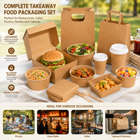 Ensemble d'emballages alimentaires jetables en papier kraft : sacs, gobelets, bols, boîtes à hamburgers, contenants à emporter pour la restauration et les services de traiteur