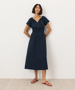 Cotton V-Neck Flutter Sleeve Boho Midi <b>Dress</b> Summer Cotton Midi Solid Color Breathable Midi <b>Dress</b> With Smocked <b>Elastic</b> Waistband - Product Image 3