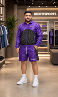 REXFIT SPORTS 2026 Ensemble veste coupe-vent et short en nylon violet et noir personnalisé, marque privée, streetwear, sportswear, design à fermeture éclair