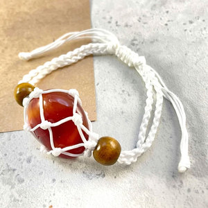 Handmade White Macrame Carnelian <b>Bracelet</b> Natural Red Crystal <b>Adjustable</b> Boho <b>Bracelet</b> with Wooden Beads for Women - Product Image 1