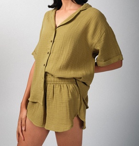 Women's 100% Cotton Eco-Friendly Breathable Garment Dyed Sleep <b>Shirt</b> High Quality <b>Half</b> Sleeve Lace Decorative <b>Button</b> Casual - Product Image 1