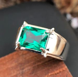 Mens <b>Emerald</b> Engagement <b>Ring</b> 925 Sterling <b>Silver</b> Gold Plated 8x10 MM Radiant Cut 3 Carat Luxury Prong Setting Wedding Party - Product Image 2