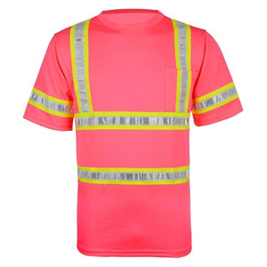 เสื้อยืดทำงานสะท้อนแสงสีชมพูสำหรับผู้ชาย แขนสั้น เสื้อผ้าเพื่อความปลอดภัย แห้งเร็ว คอวี เสื้อลำลองฤดูร้อน - Product Image 3