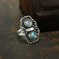 Bague de mariage vintage pour femme en argent oxydé avec sertissage clos en labradorite et pierres précieuses multiples style bohème - Vente en gros