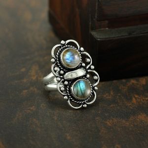 Bague Gourik en argent sterling 925 avec labradorite naturelle, deux pierres bleues, style bohème pour femme, bijoux ethniques oxydés faits à la main - Product Image 3