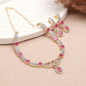 Conjunto de Collar Gargantilla y Pendientes de Piedras Rosas y Blancas con Rubíes CZ Chapados en Oro, Estilo Vintage, para Boda Nupcial, Joyería India de Alta Costura - Product Image 3