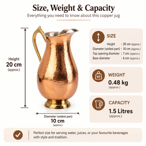 Carafe à eau classique en cuivre martelé avec poignée en laiton ornée et base sur pied, carafe de table ayurvédique, article de service, cadeau - Product Image 6