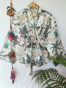 Wholesaler Manufacturer Cotton Bath Robe Beach Kimono Dressing Gown <b>Cardigan</b> Floral Butterfly V-neck Drawstring Closure Quick - Product Image 5
