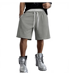 Shorts Bermuda en Coton Gris pour Homme, Taille Mi-Haute avec Cordon de Serrage, Style Décontracté, Couleur Unie, Tissu Tricoté Respirant - Product Image 4
