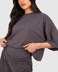 Conjunto de 2 Piezas Personalizado de la Mejor Calidad, Blusa Casual de Manga Corta con Encaje por Encima de la Rodilla y Pantalones Holgados 100% Algodón para Mujer - Product Image 2