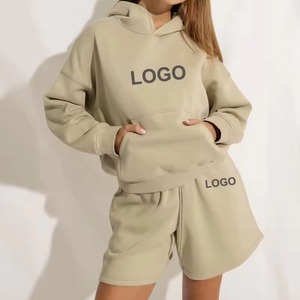 Ensemble de sweat-shirt à capuche beige pour femme, manches régulières, tricot en coton, couleur unie, respirant, vêtements d'été, longueur courte - Product Image 2