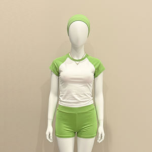 Womens Green and White Custom Logo Short Sleeve <b>Raglan</b> Crop <b>Top</b> Matching Shorts Twin Set OEM ODM Wholesale - Product Image 3