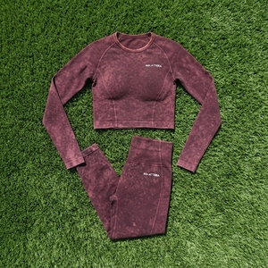 Women Burgundy Acid Wash <b>Long</b> <b>Sleeve</b> Crop <b>Top</b> Leggings Set High Waist Gym Yoga <b>Workout</b> Activewear - Product Image 6