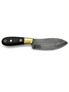 Herramienta de preparación de acero damasco grabado con ácido de alto contraste, con perfil de punta caída y mango de madera oscura contorneada. - Product Image 1