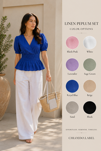 Conjunto de Lino/Algodón Bohemio Sólido Hecho a Mano Directo de Fábrica para Mujer, Top Peplum Casual Azul con Cuello en V y Pantalones Anchos Blancos Talla XL - Product Image 2